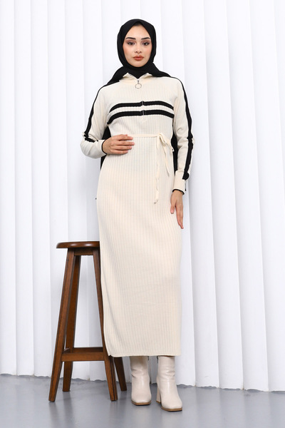 İmajButik Cream Collar Zippered Corded Fabric Striped Knitwear Dress