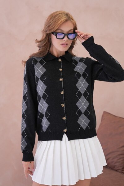 Miss Allos Women's Diamond Patterned Buttoned Front Collared Knit Cardigan