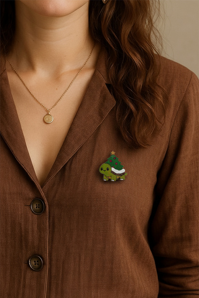 gokmentoy Kaplumbağa Yılbaşı Noel Temalı Ahşap El Boyaması Broş