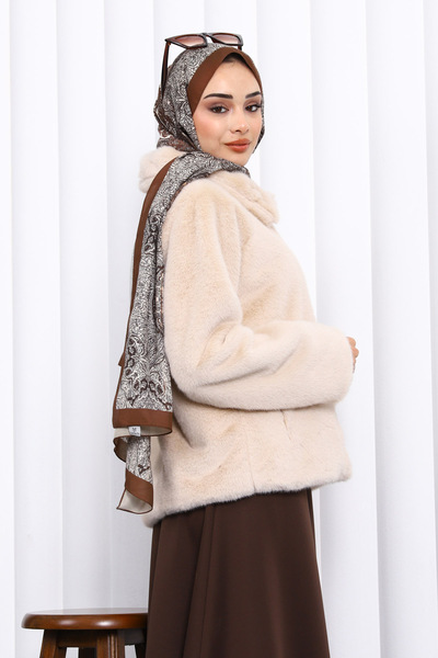 İmajButik Beige Short Faux Fur Coat