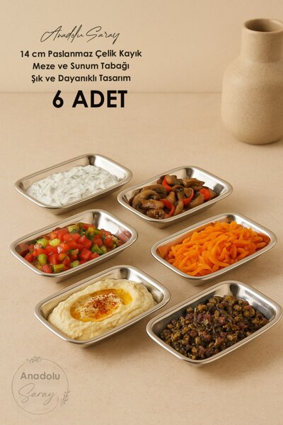 Anadolu Saray 14 cm Stainless Steel Boat Appetizer and Presentation Plate – Stylish and Durable Design - 6 Pcs