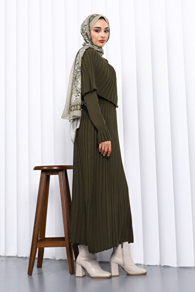 İmajButik Khaki Cape Detailed Long Knit Dress