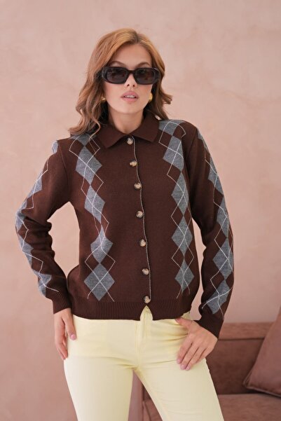 Miss Allos Women's Diamond Patterned Buttoned Front Collared Knit Cardigan