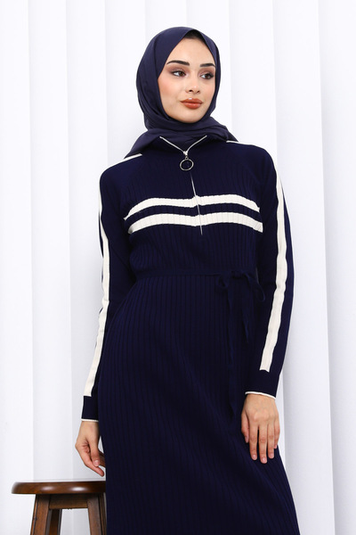 İmajButik Navy Blue Collar Zippered Corded Fabric Striped Knitwear Dress
