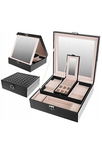 AB HOMES Jewelry & Watch Box, PU Leather, Mirror, Key, Multiple Compartments, 25.5×25.5×30 cm