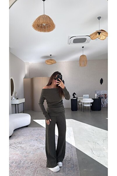 Buket Teke Khaki Drape Detail Boat Neck Wrinkled Suit