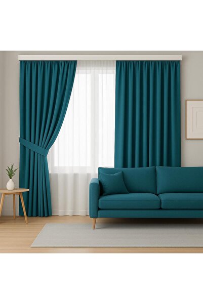 proevteks Petrol Petek Kadife Dokulu Fon Perde - 1 e 2.5 kat Pileli