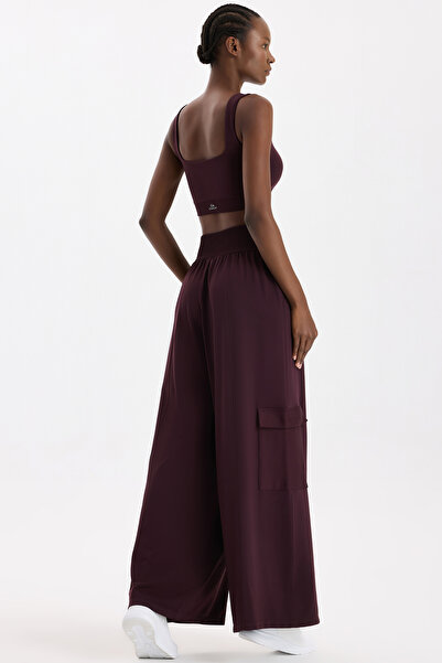 COMEUP High Waisted Cargo Pocket Pack Trousers Burgundy