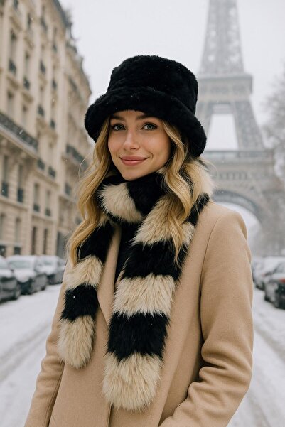 FELLMENS Beige Zebra Patterned Soft Textured Plush Hat Neck Collar Set of 2