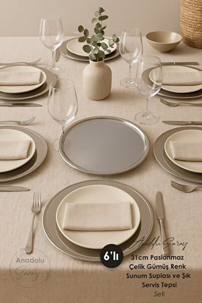 Anadolu Saray 6 Pieces 31cm Stainless Steel Silver Color Presentation Plate and Stylish Serving Tray Set