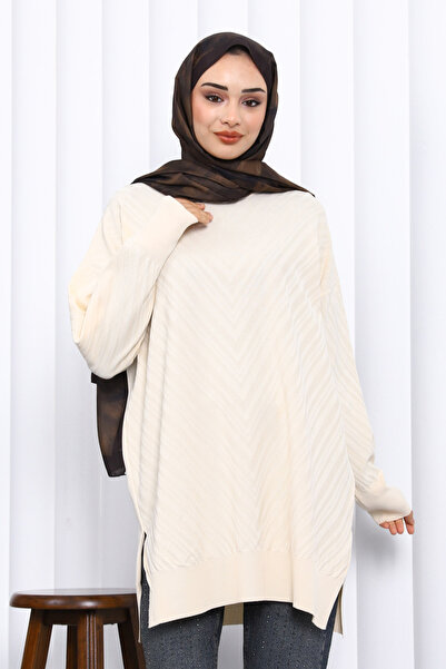 İmajButik Cream Crew Neck Cold Thread Knitwear Tunic
