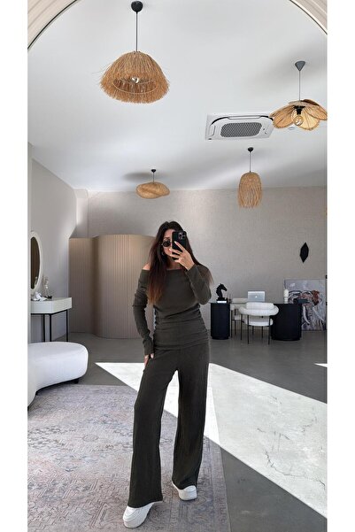 Buket Teke Khaki Drape Detail Boat Neck Wrinkled Suit