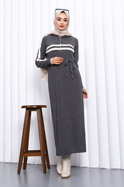 İmajButik Smoked Collar Zippered Corded Fabric Striped Knitwear Dress