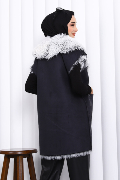 İmajButik Black Double-Breasted Collar Fur Lined Suede Vest