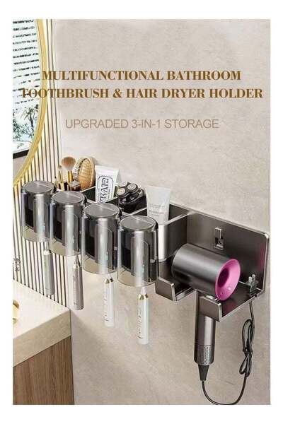 Generic Double toothbrush holder/hair dryer storage rack, no-drill storage rack, mouthwash cup organizer, c