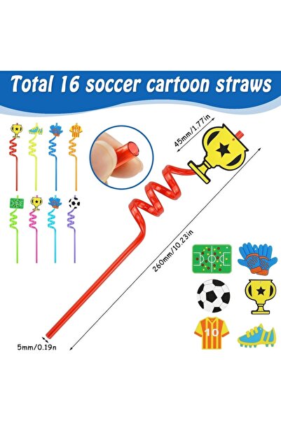 DELPI Set of 16 Reusable Spiral Straws with Football Figurines, BPA-free, 26 x 3 cm, Multicolor