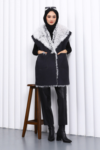 İmajButik Black Double-Breasted Collar Fur Lined Suede Vest