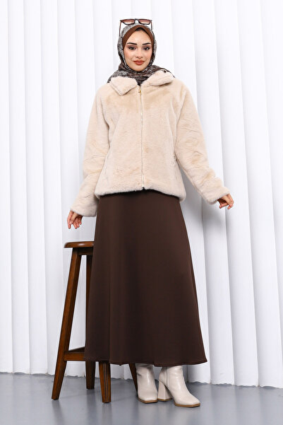 İmajButik Beige Short Faux Fur Coat