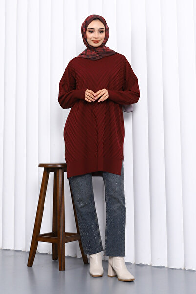 İmajButik Claret Red Crew Neck Cold Thread Knitwear Tunic