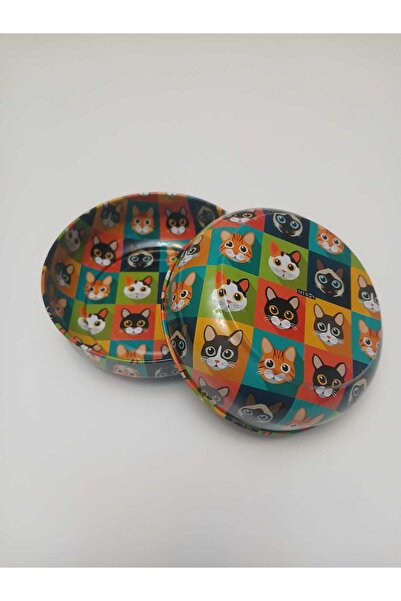 TH Trabzon Hatırası 2 Adet Metal Dekoratif Kedi Mama ve Su Kabı Seti