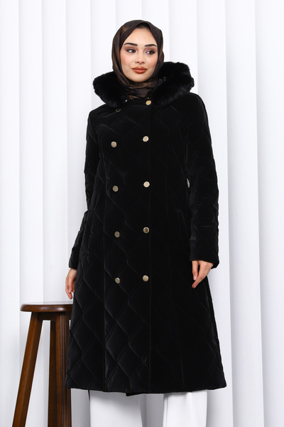 İmajButik Black Hooded Quilted Long Coat