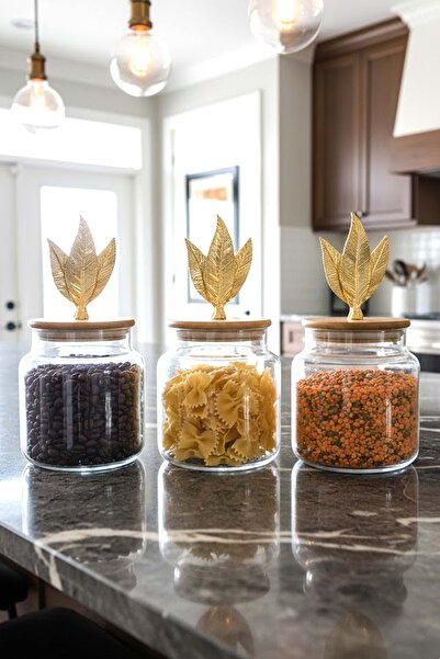 Jenisa Set of 3 Glass Jars with Bamboo Lids and Metal Leaf Figures - Storage Container 635Cc