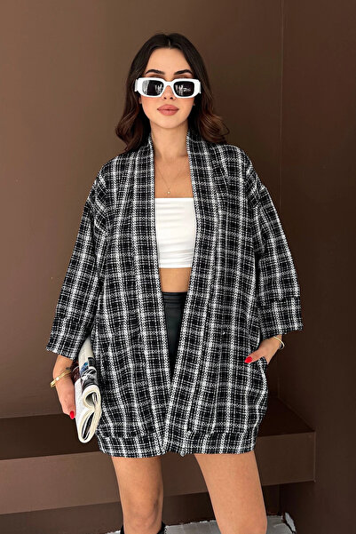 AsprinFashion Κιμονό με τετράγωνο σχέδιο μαύρο