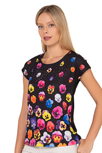 ÖZKAN underwear Özkan 25909 Women's Flexible Comfortable Floral Printed Stretch Fabric Short Sleeve Knitted Blouse