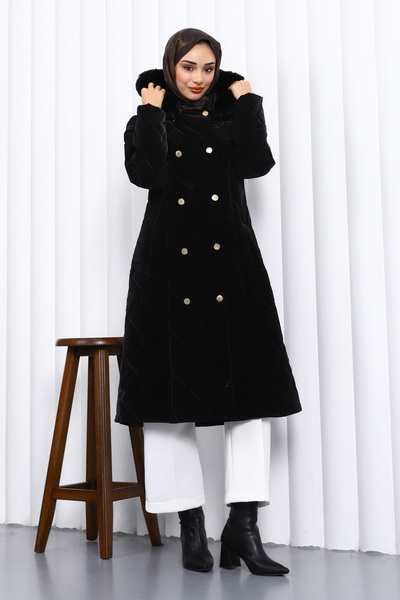 İmajButik Black Hooded Quilted Long Coat