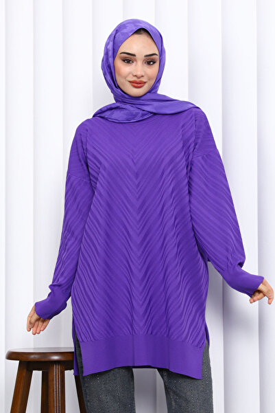 İmajButik Purple Crew Neck Cold Thread Knitwear Tunic