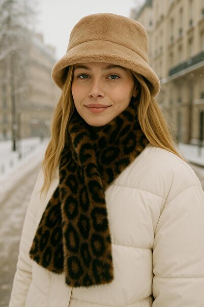 FELLMENS Mink Leopard Patterned Soft Textured Plush Hat Neck Collar Set of 2