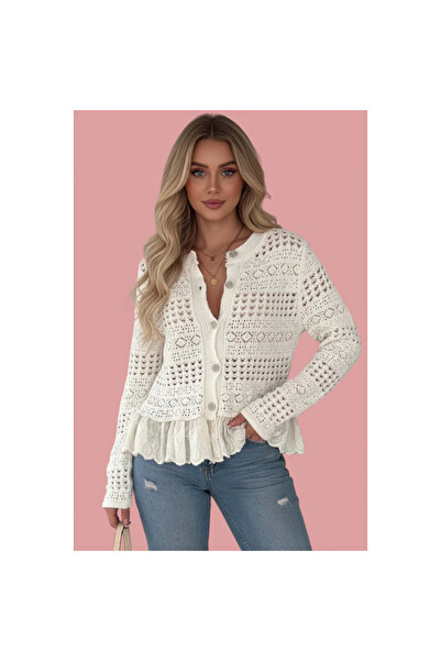 Mokşa حياكة دانتيل سترة نسائية تريكو باللون البيج مع تفاصيل من الدانتيل