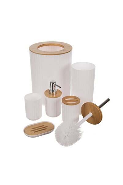 AB HOMES Bathroom Accessory Set, 6-piece, White with Bamboo Accents