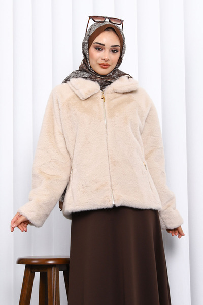 İmajButik Beige Short Faux Fur Coat
