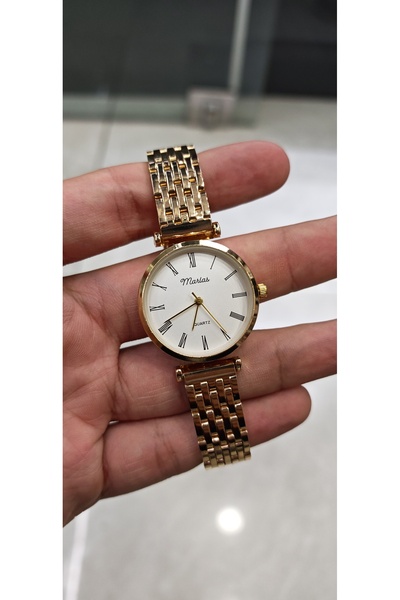 Marlas Retro Design, Golden Yellow Steel Band, White Dial Women Wristwatch