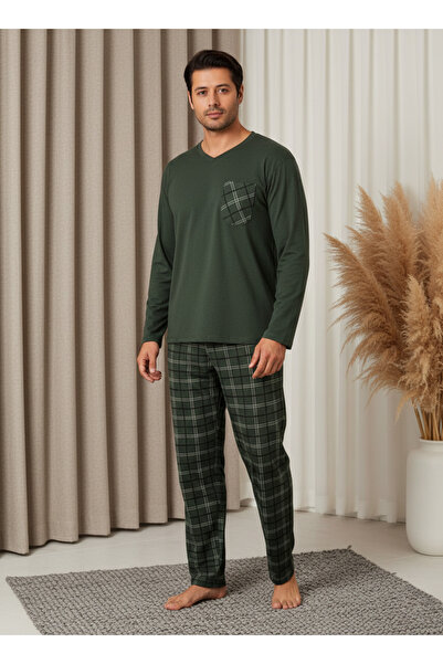 Ercan Men's Plaid Patterned Double Pajama Set with Pocket Detail