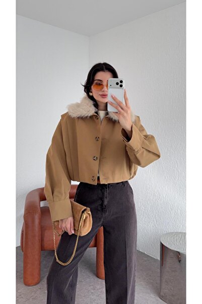 HAZELANNA Camel Jacket with Removable Fur