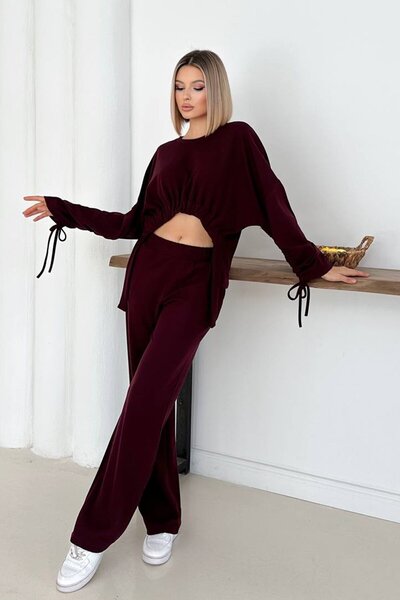 VAGGON Ruched Detail Blouse and Wide Leg Pants Set
