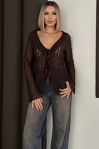 VAGGON Women's Brown Lace Textured Tie Detail V-Neck Blouse Vs01603