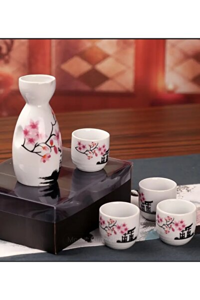 PİRAMİGO Çin Japon Geleneksel Sake Seti, 1 Tokkuri Şişe ve 4 Ochoko Fincanı Kiraz Çiçekleri Seramik