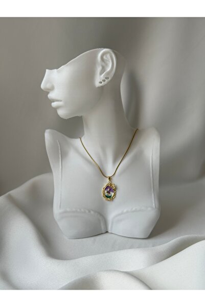 NB STEELORA 316L Çelik Gold Renk Zincir Karışık Renk Mineli Çiçek İşlemeli Zi...