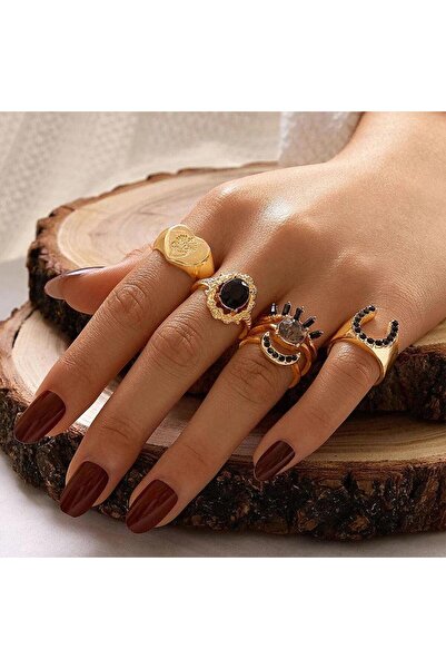 Pursehuit Set de 6 inele aurii, cu pietre negre, Monica C3