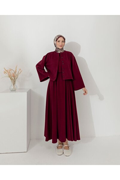 RFK Butik Women's Corded Fabric Vest Gilet Dress Set - Claret Red