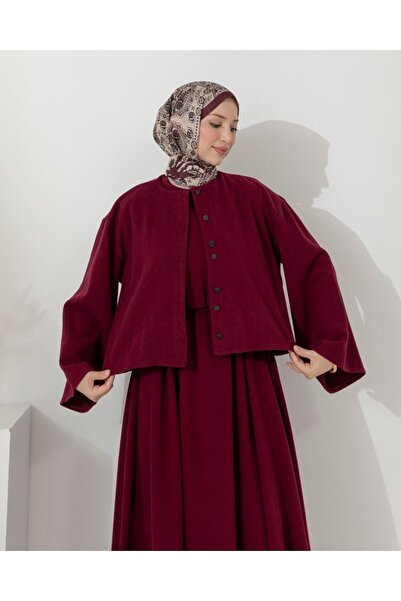 RFK Butik Women's Corded Fabric Vest Gilet Dress Set - Claret Red