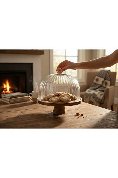 Luca Mia Breeze Acacia Footed Cake Pan with Glass Lid 25 cm