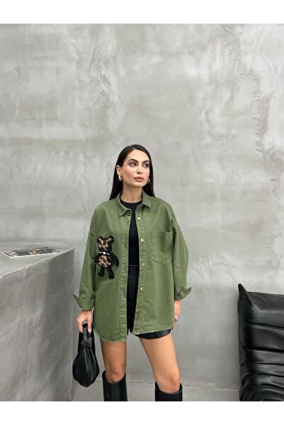 ossons Leopard Teddy Bear Embroidered Denim Shirt Pants Set