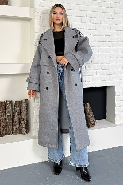 VAGGON Oversized Belted Double Button Long Coat