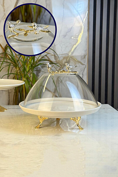 MAY HOME Cam Kapaklı Porselen Kek Fanusu & Ayaklı Kapaklı Pasta Standı