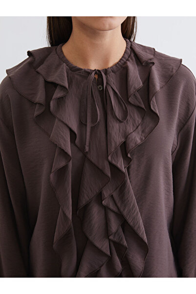 LC Waikiki Brown Crew Neck Ruffle Blouse