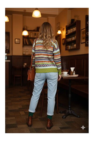 Namaste Vintage Green Color Patterned Vintage Model Buttoned Cardigan